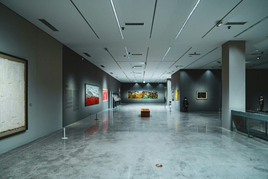 Empty museum gallery hallway