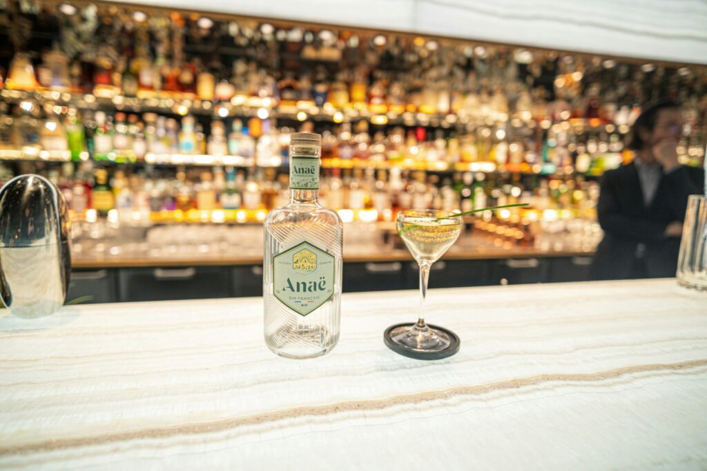 Bar counter with bottles and cocktails