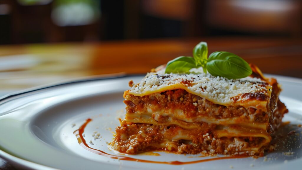Slice of layered lasagna on a plate