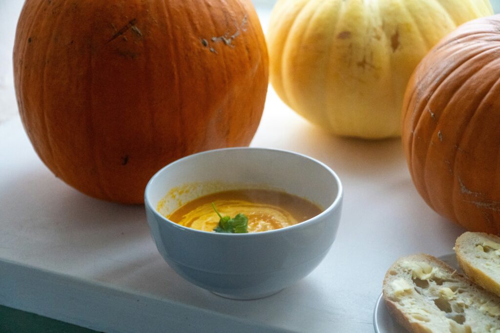 Bowl of soup with pumpkins behind it