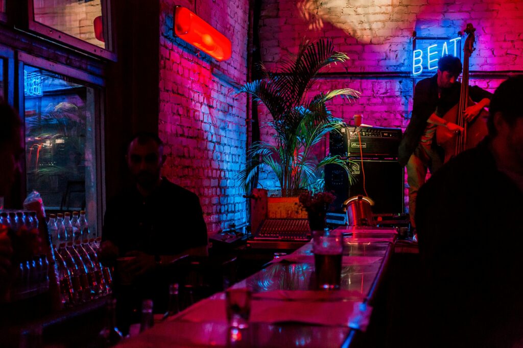 Neon-lit bar interior